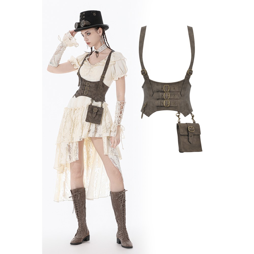 Dark in Love - Steampunk Vintage PU Leather Corset Vest Underbust korset - Bruin